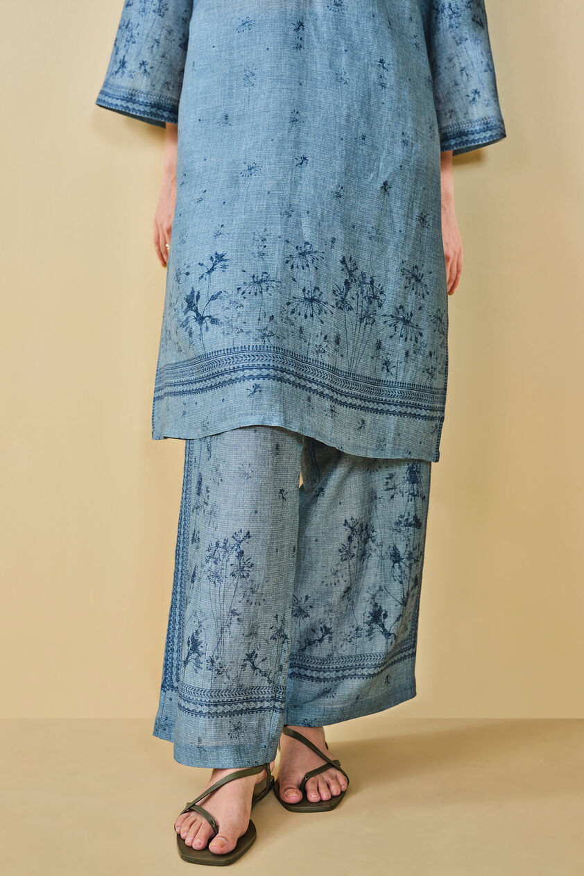 Pond Printed Linen Kurta Set  - Blue, Blue, image 9